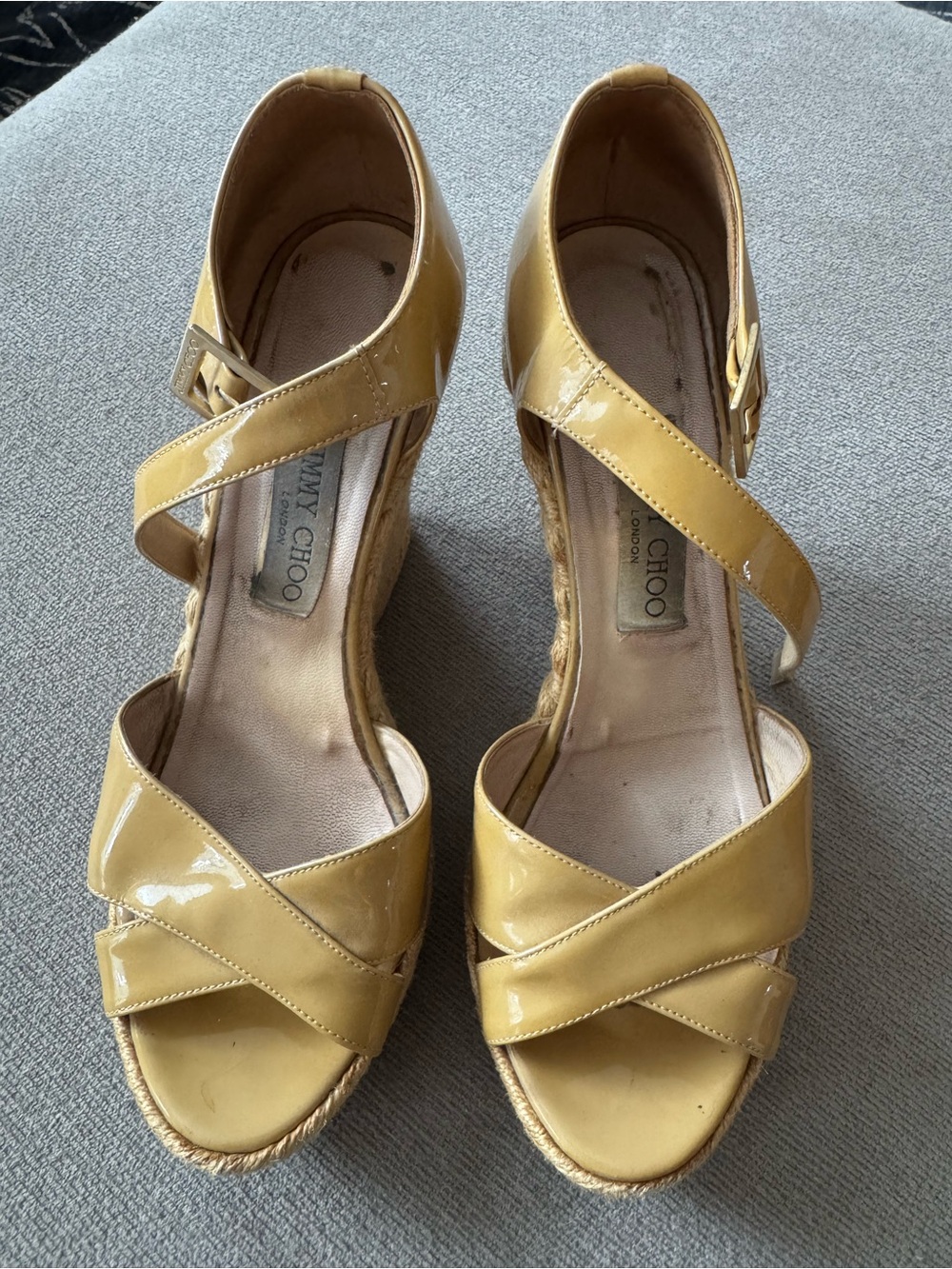 Jimmy Choo Mustard Patent Leather Espadrille Wedge Sandals